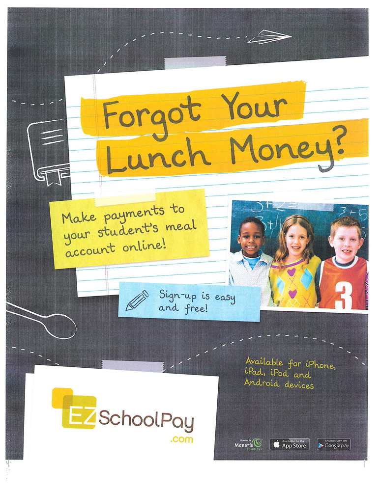 flyer with chalk drawings, photo of 3 children, and notes promoting online meal payment