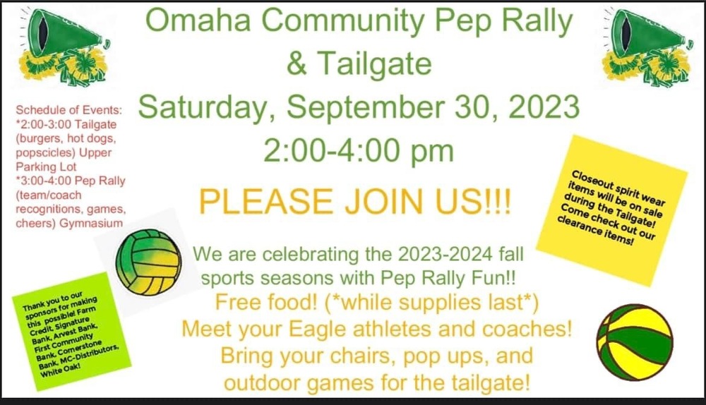flyer for community pep rally with cheer, volleyball, and basketball clipart